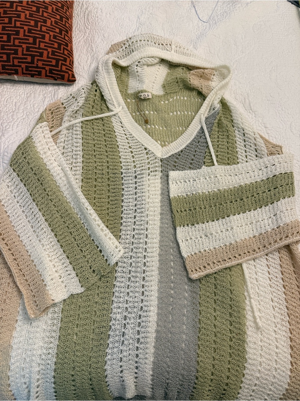 POL Hooded Open Knit Crochet Poncho Sweater Boho Oversized Pocket